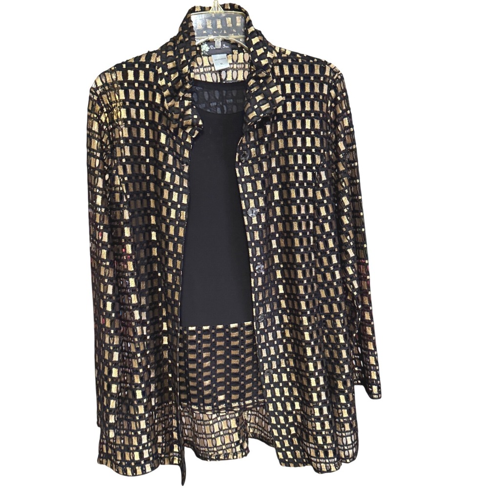 Vintage Damee Inc Jacket Tank Set Womens M Black Gold Metallic Mesh Evening Glam